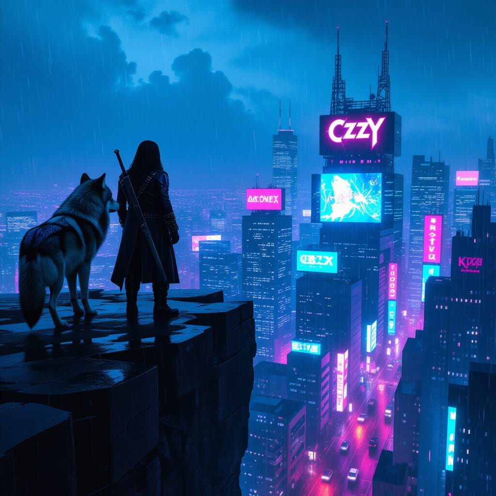 Ozzy Osbourne and Iridescent Wolf in Cyberpunk City