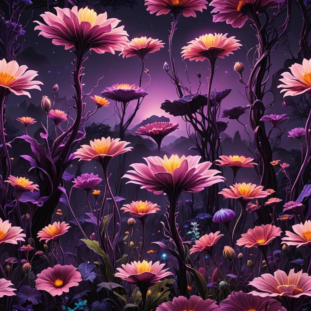 Luminescent Alien Flowers in a Vibrant Landscape