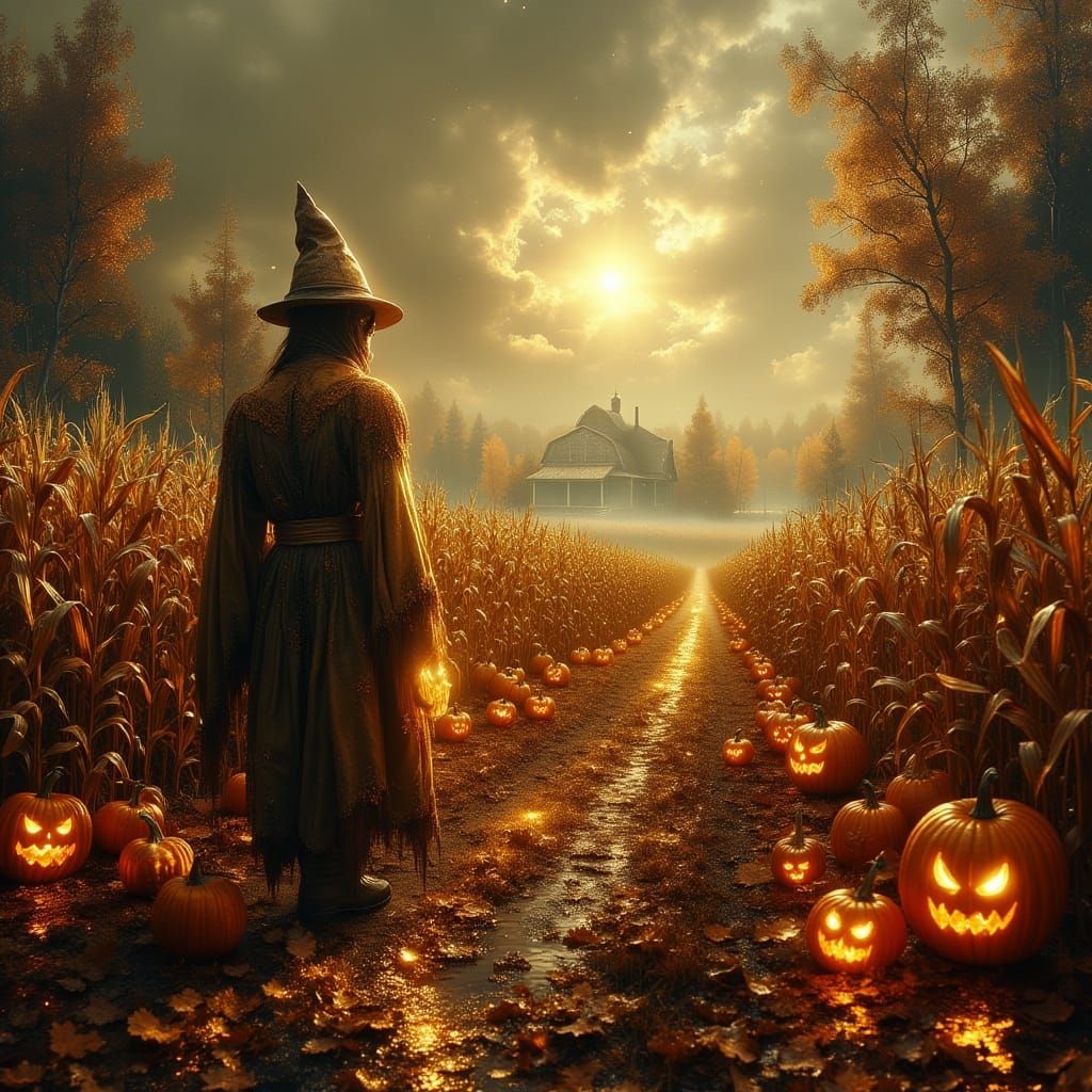 Haunted Autumn Corn Maze Under Misty Moonlit Sky