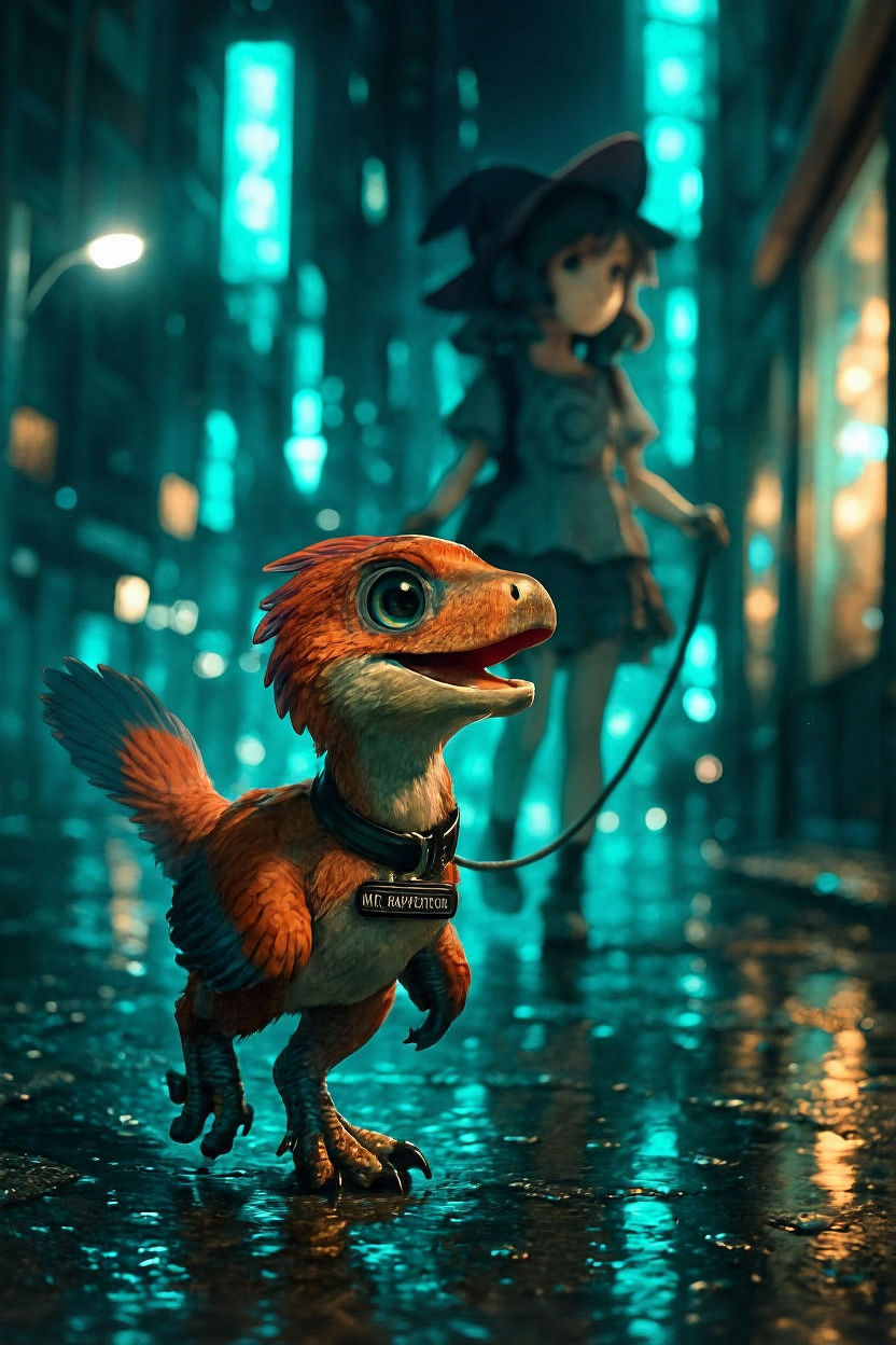 Cyberpunk Raptor in Anime Style Cityscape