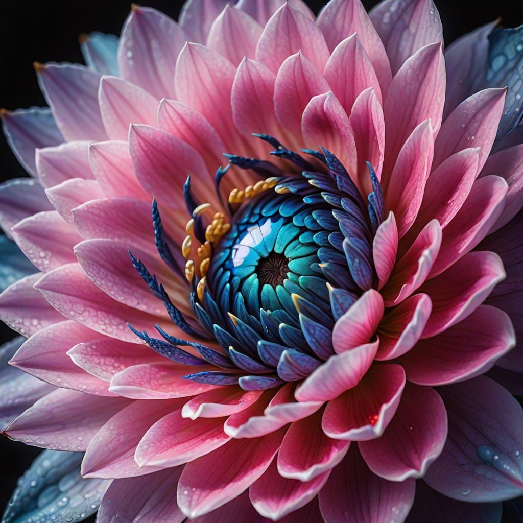 Pink Flower with Blue Scales in Macro Oil Painting