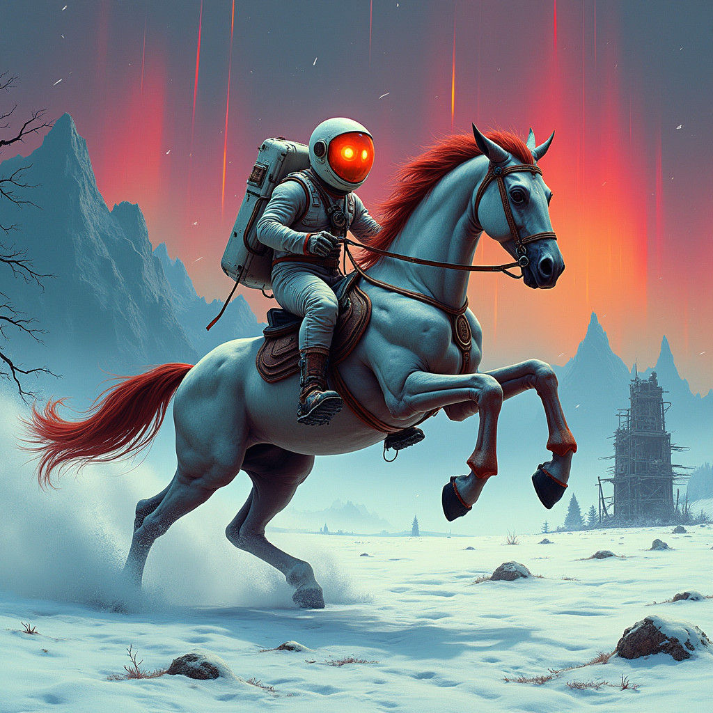 Astronaut Rides Mutated Horse Across Radioactive Wasteland