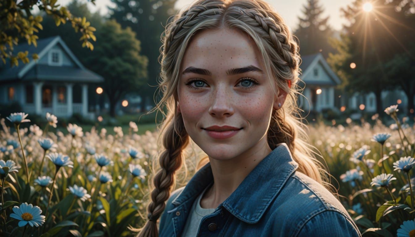 Woman with Freckles and Braided Hair in Spring Sunrise