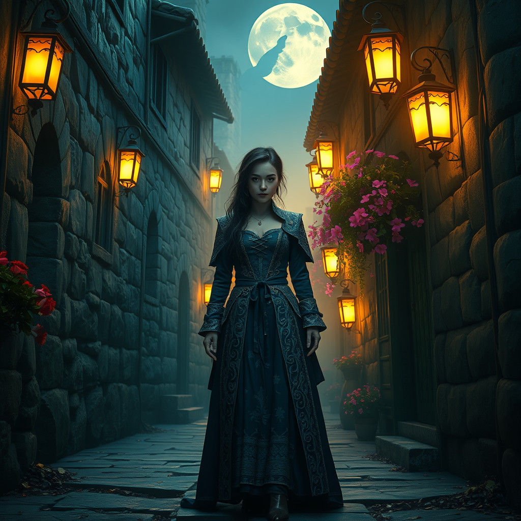 Mysterious Woman in Moonlit Alleyway, as Digital Art
