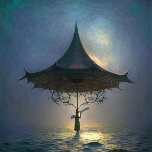 Fractal Parasol Over Sunny Ocean, Painterly Style