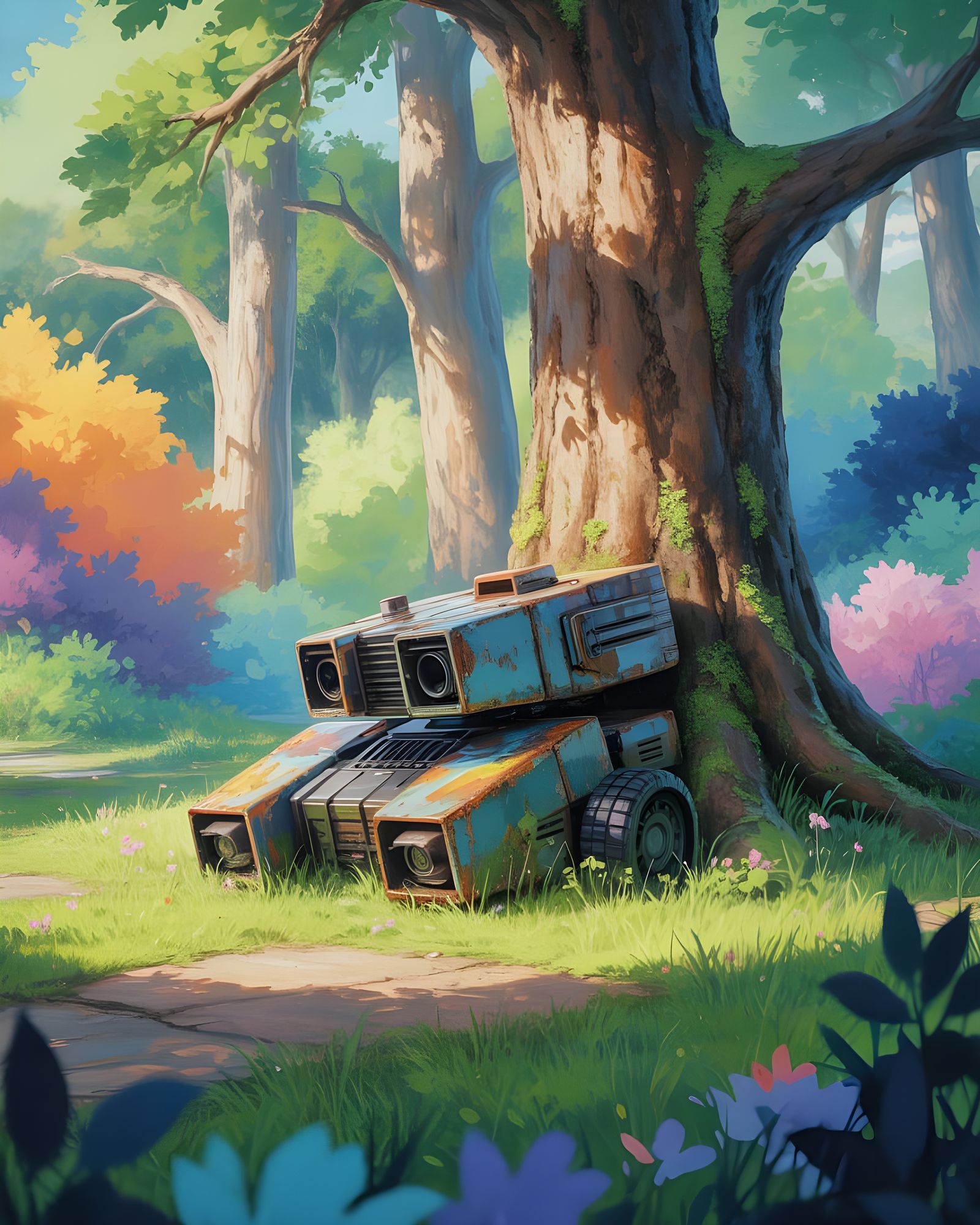 Anime Style Mecha Robot Rusting in Forest
