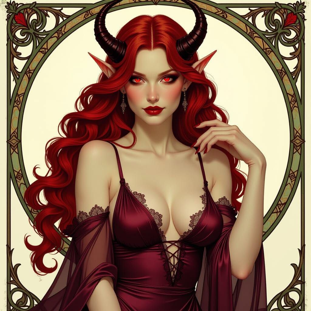 Sensual Tiefling Portrait in Art Nouveau Style