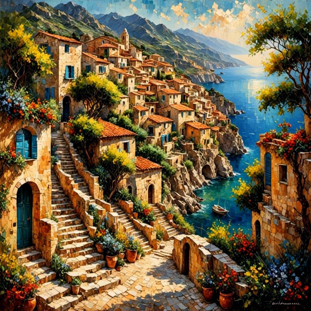 Mediterranean Village Scene in Impressionist Style