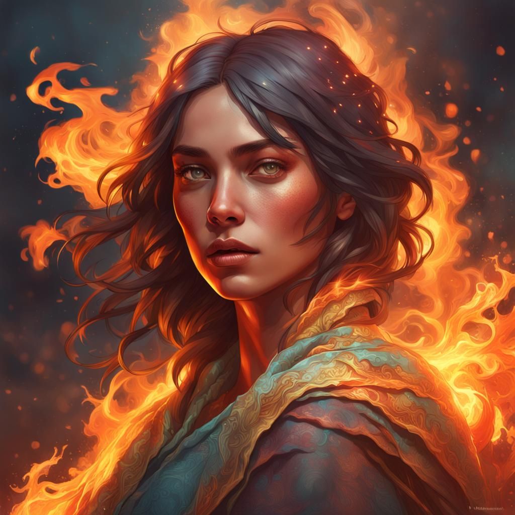 Burning Woman Portrait in Art Nouveau Style