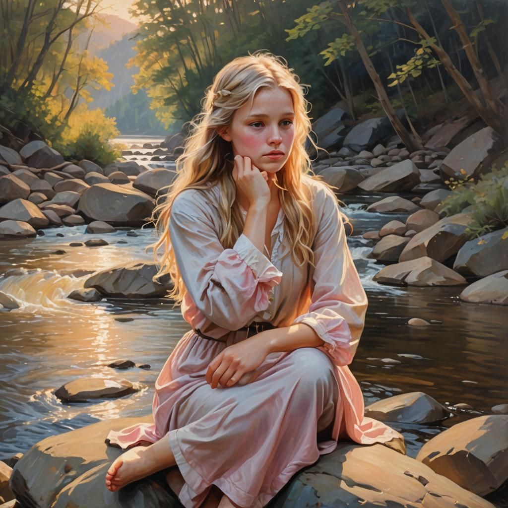 Girl by River: Romantic Oil Painting