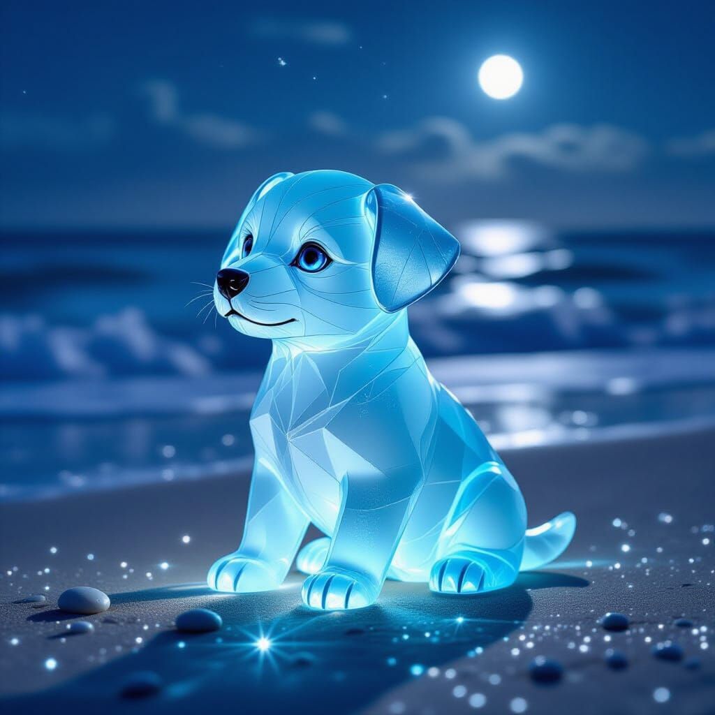 Sea Glass Puppy on Moonlit Beach
