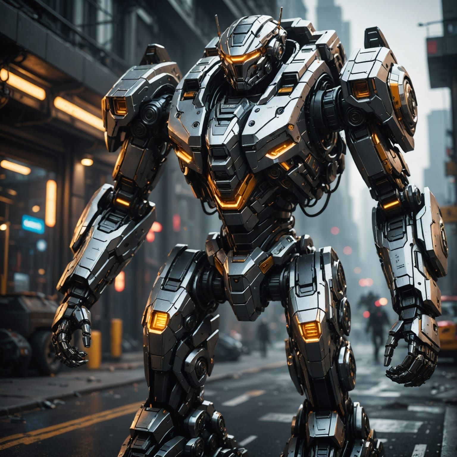 Cyberpunk Metal Mech in Futuristic Cityscape