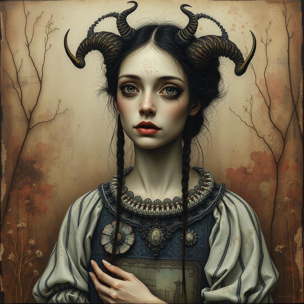 Eerie Bestiary Midwife Portrait in Mixed-Media Style
