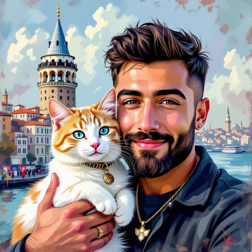Turkish Man with Cat in Graffiti Art Style
