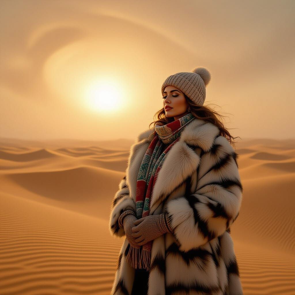 Woman in Fur Coat in Desert Sandstorm