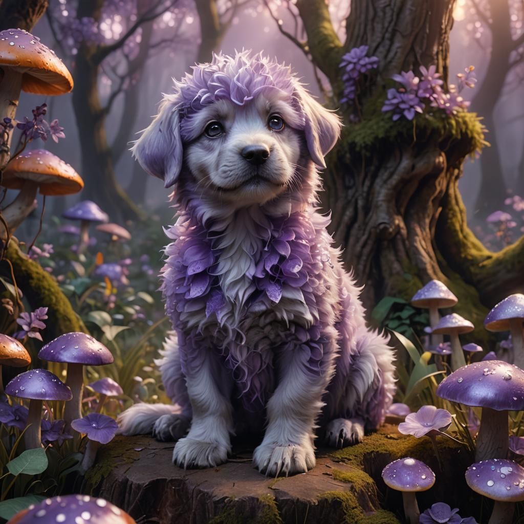 Lilac Puppy on Mushroom Throne: Fantasy Art