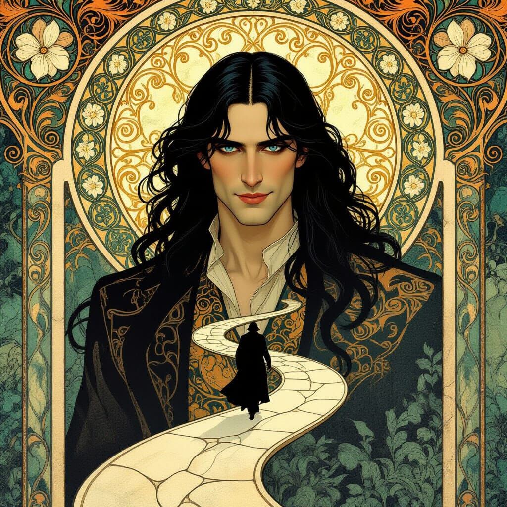 Art Nouveau Man in Dreamlike Landscape