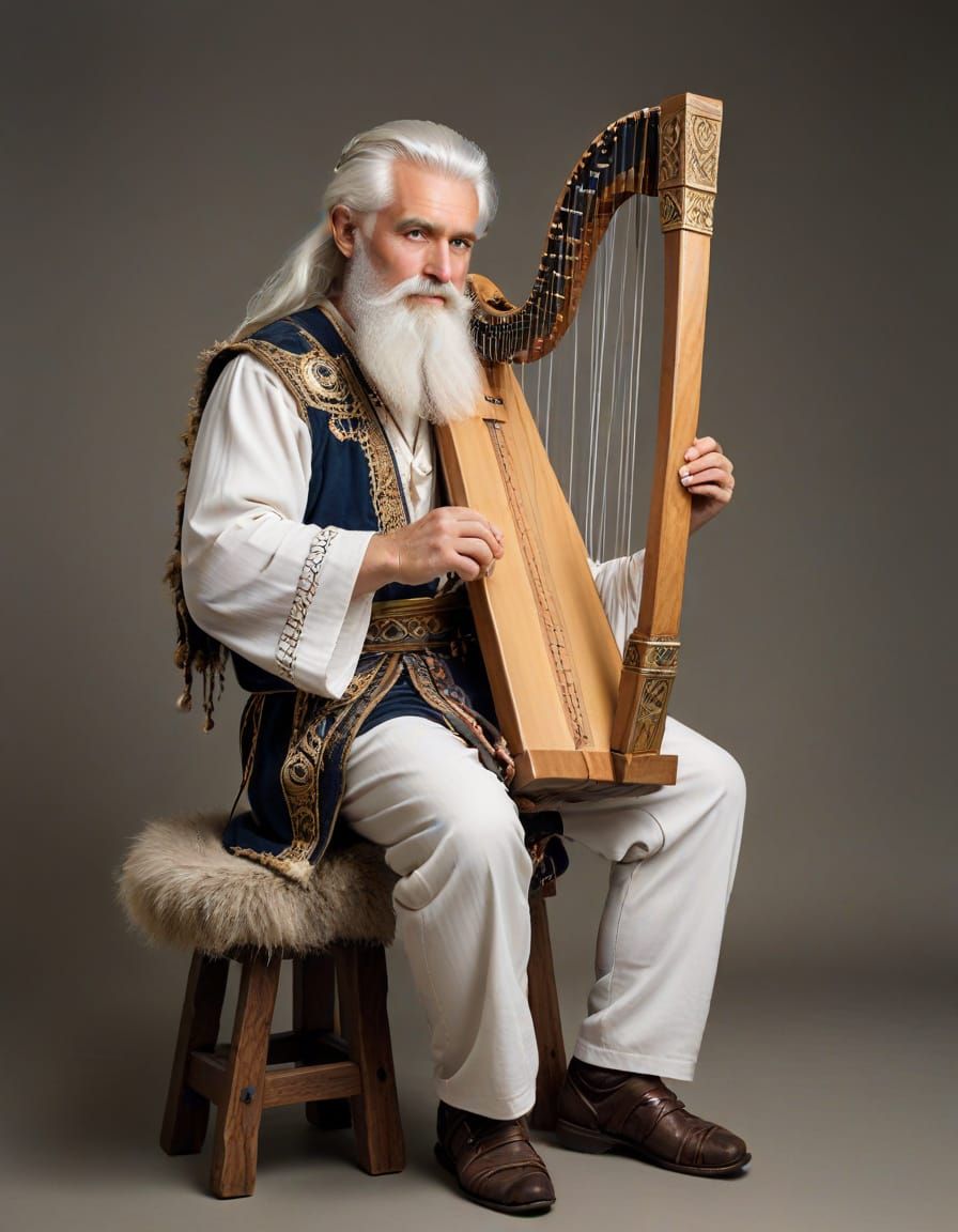 Bearded Druid Plays Small Harp with Bronze Strings