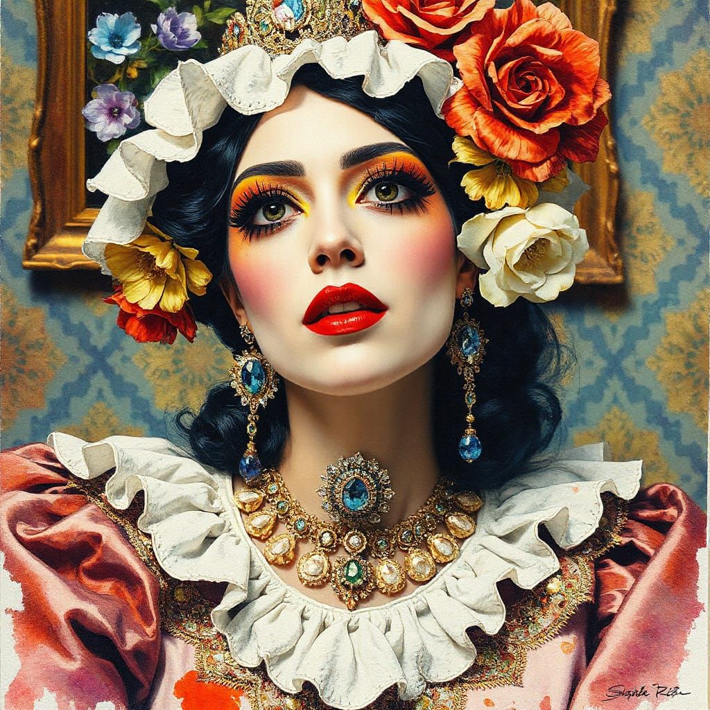 Elegant 19th Century Courtesan in Vibrant Watercolor