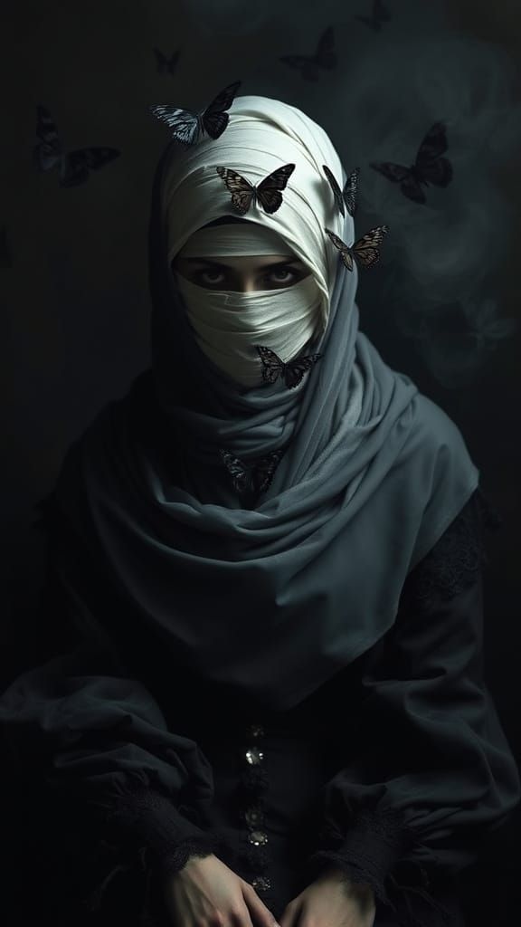 Gothic Figure Wrapped in White Bandages in a Haunting Victor...