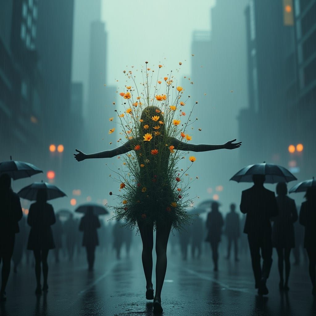 Cinematic Cityscape in Heavy Rain, Women Embracing Nature's ...