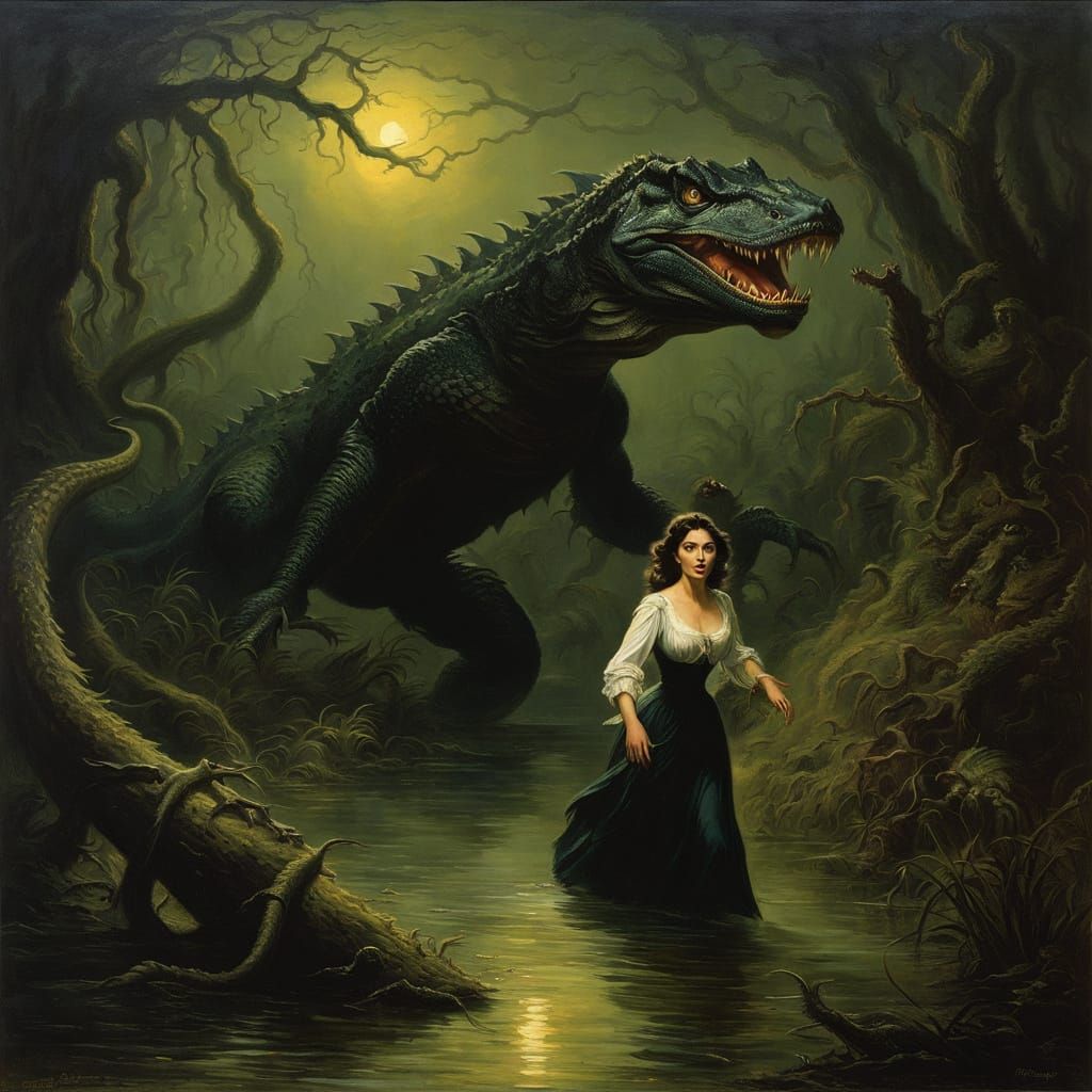 Woman Fleeing Lizard Monster: Doré-Style Oil Painting