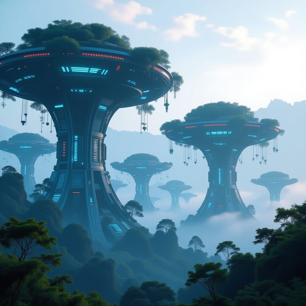 Futuristic Trees in Misty Landscape, Cinematic Style