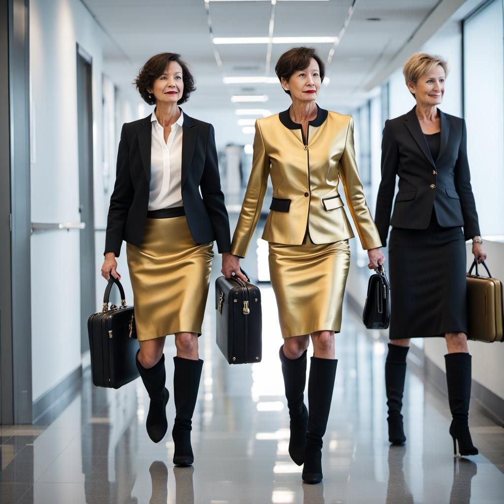 Businesswomen in Gold and Black Skirt Suits