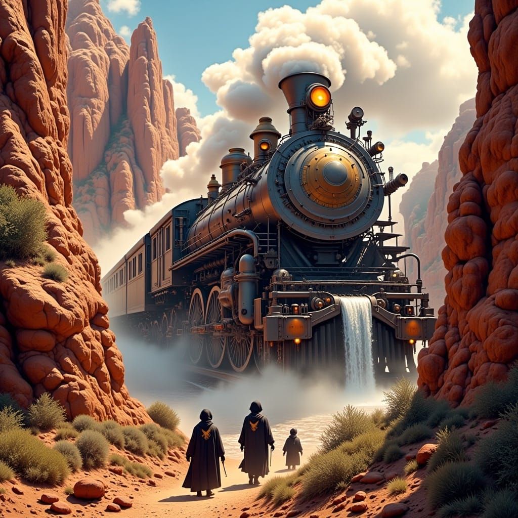 Colossal Steam Train in Canyon: Beksiński and Mead Style