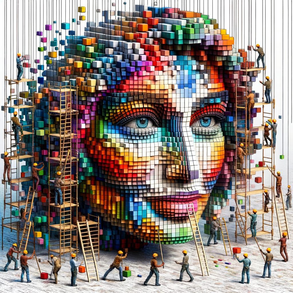 Diverse Construction Workers Assemble Vibrant Female Portrai...