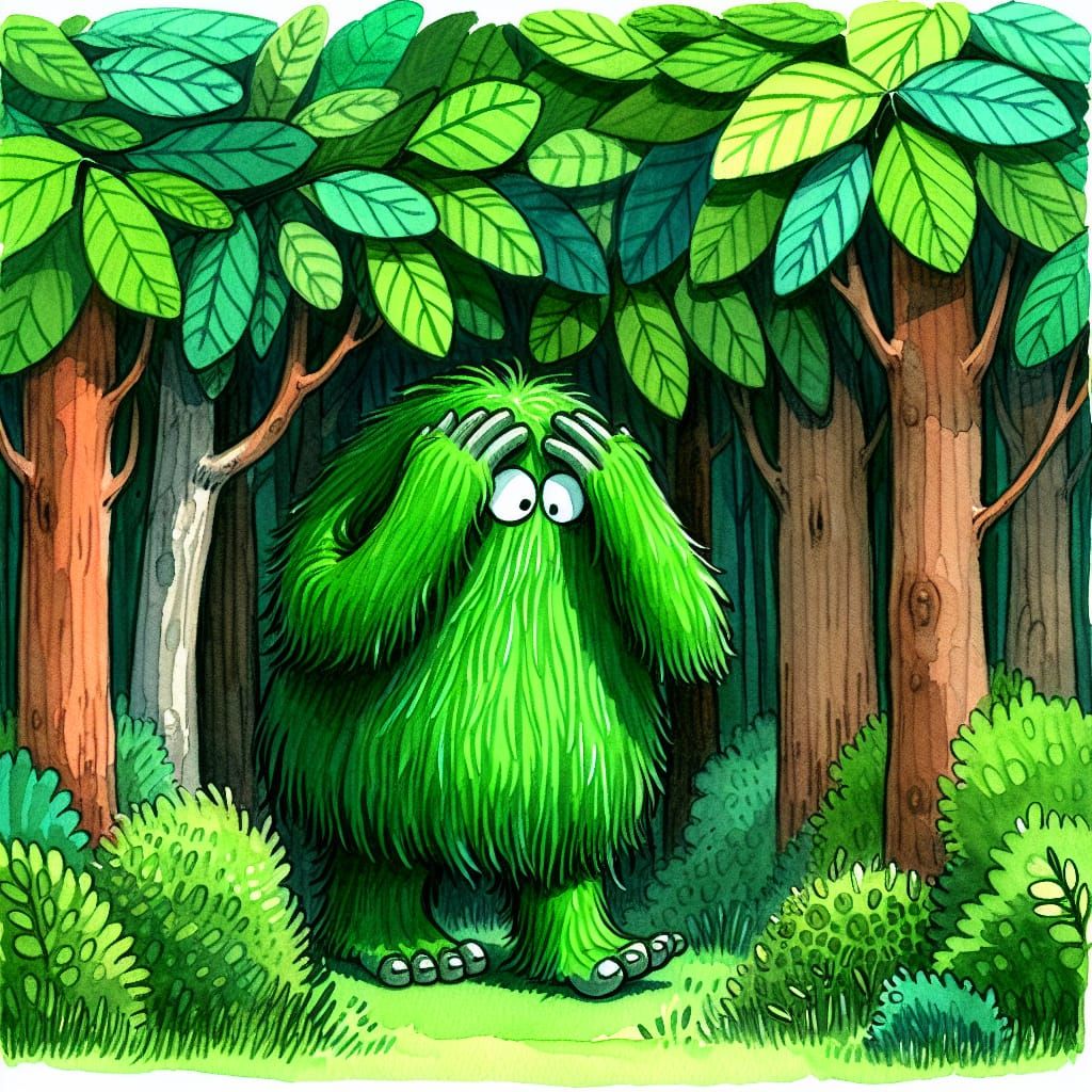 Friendly Green Forest Monster Hides in Lush Foliage