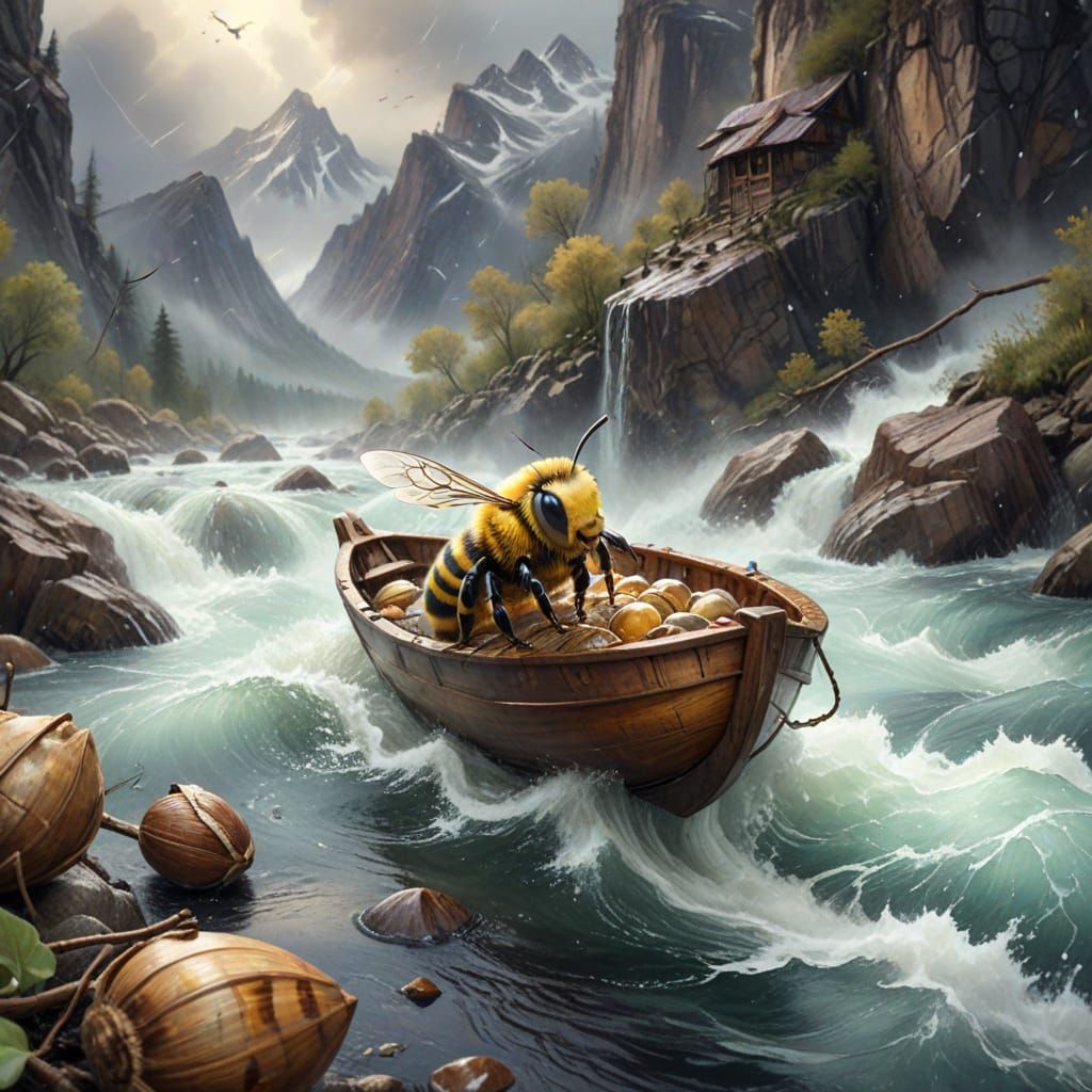 Whimsical Watercolor of Brave Bee in Walnut Shell Boat