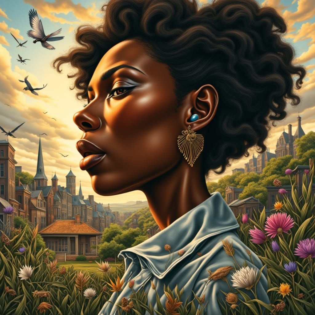 Surreal Black Woman Face Merged with Landscape