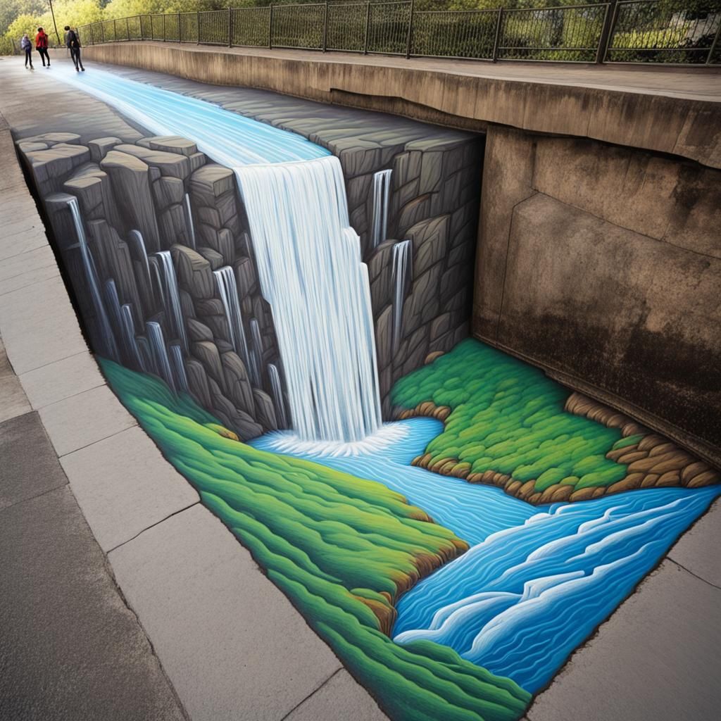 Sidewalk Chalk Art: Optical Illusion Waterfall