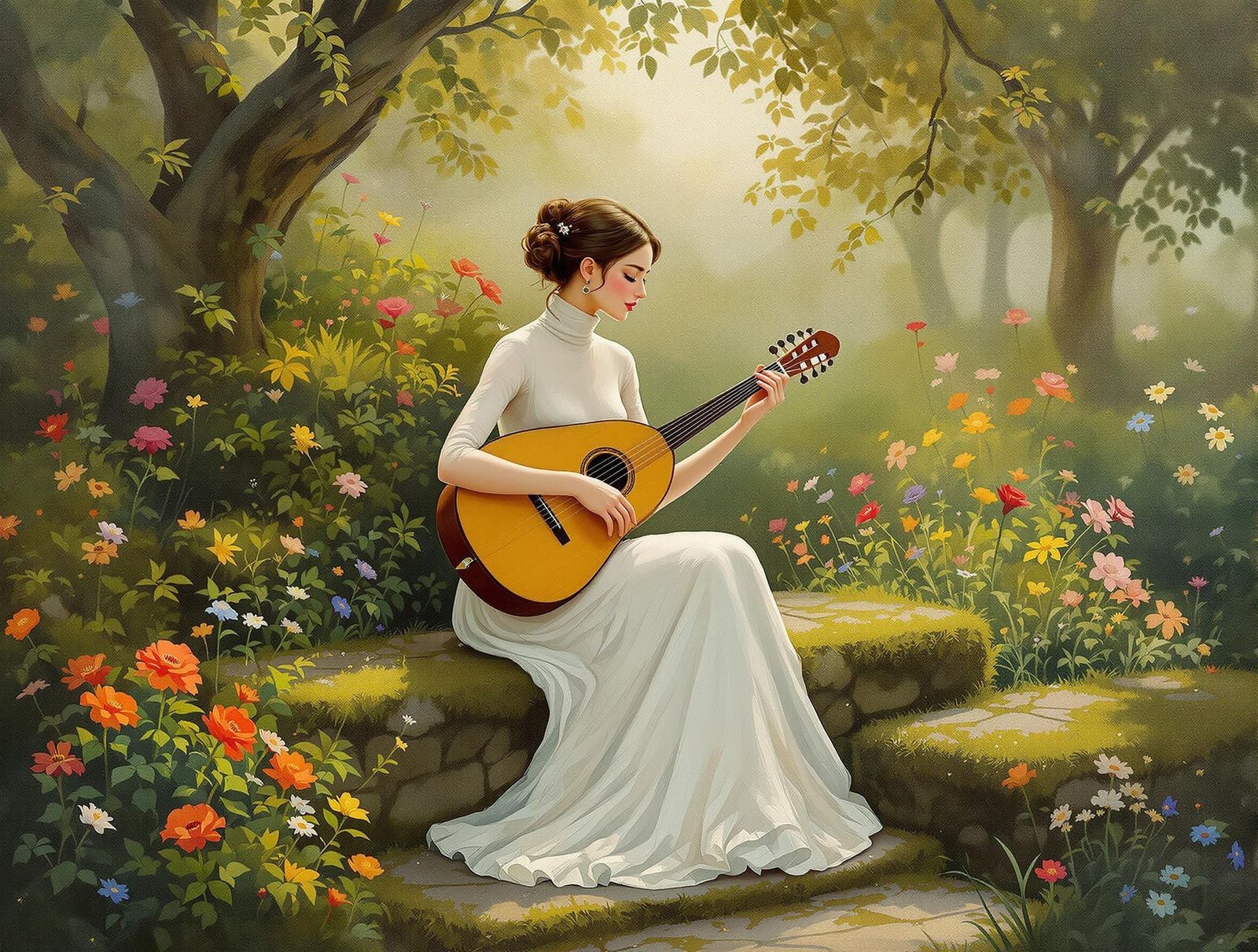 Woman in Whimsical Garden, Playing Lute in Soft Light