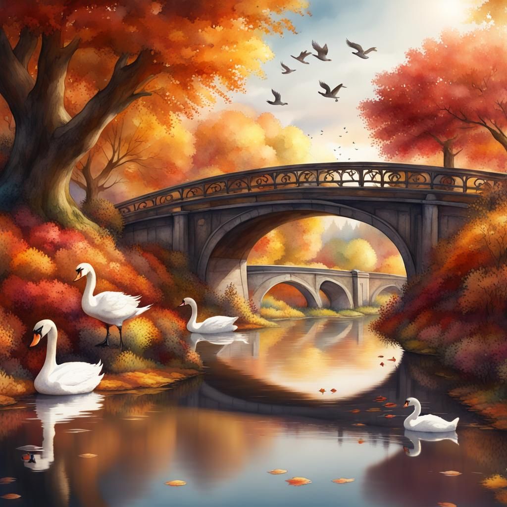 Swans and Ducks Under Bridge in Watercolor Style