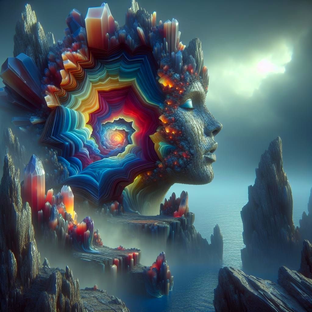 Surreal Geode Goddess in a Foggy Cliffside Landscape