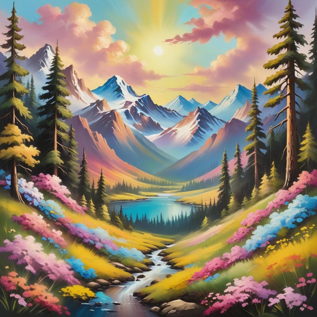 Majestic Fantasy Landscape with Giant in a Flower Valley