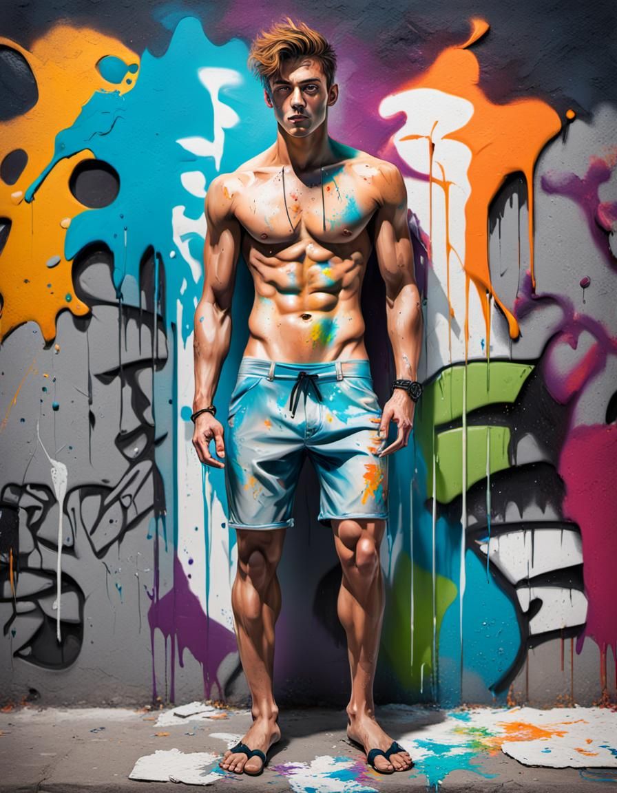 Shirtless Man Posing in Graffiti Splash Art Style