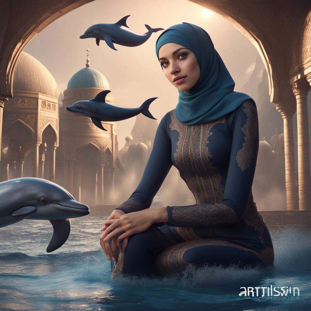 Girl with Hijab and Dolphin in Fantasy Art Style