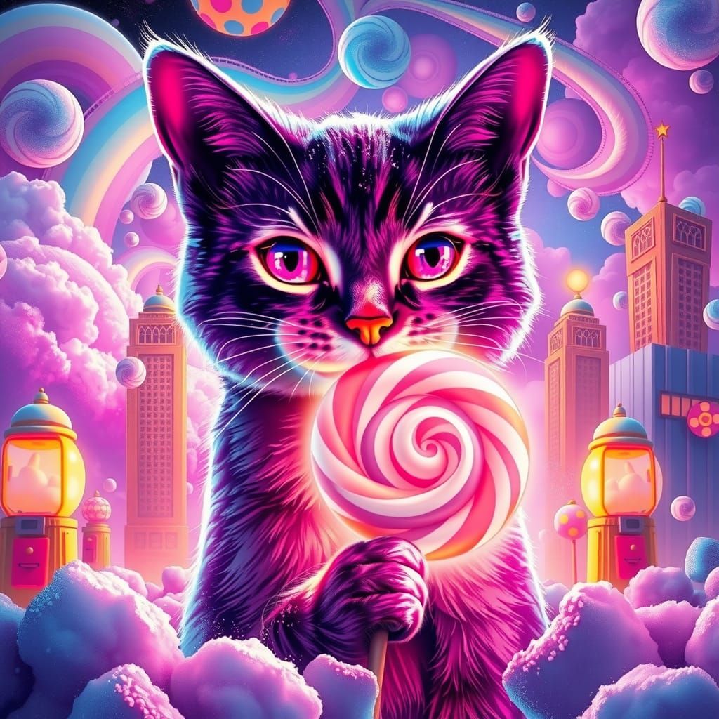 Neon Cat in Candyland Metropolis