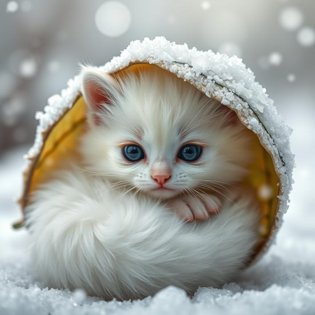 White Kitten Shelters from Snow in Hyperrealistic Digital Ar...