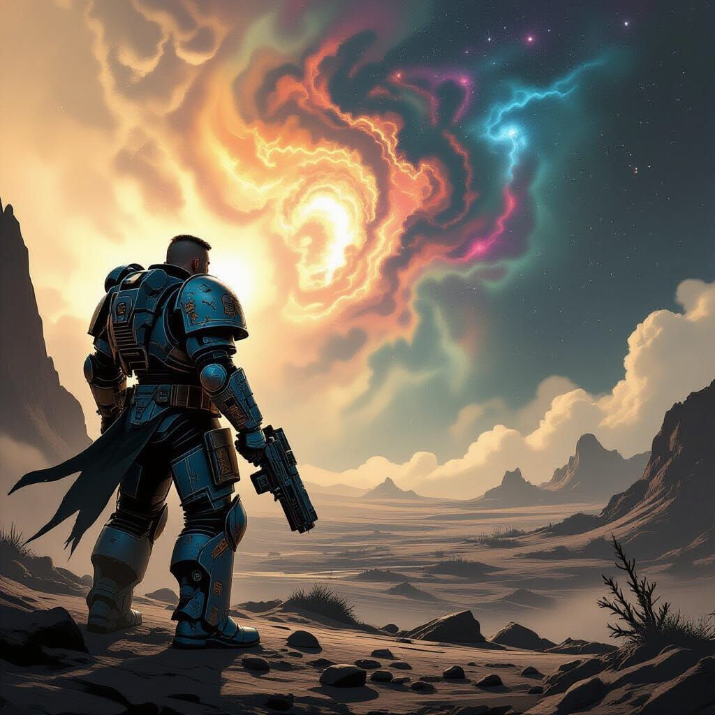 Grizzled Space Marine on Alien Planet Overlooking Nebula