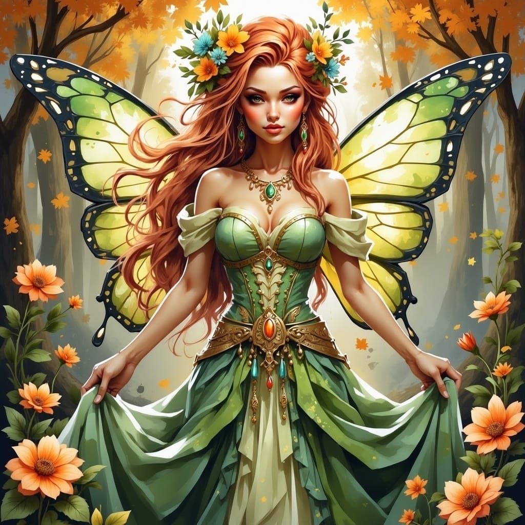 Strawberry Blonde Fairy Goddess in Autumn Forest