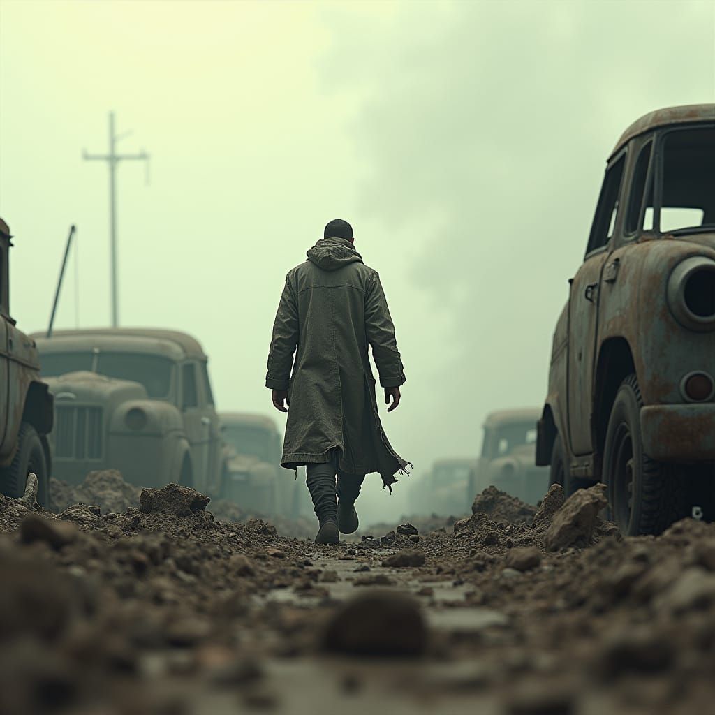 Post-Apocalyptic Survivor in Wasteland Landscape