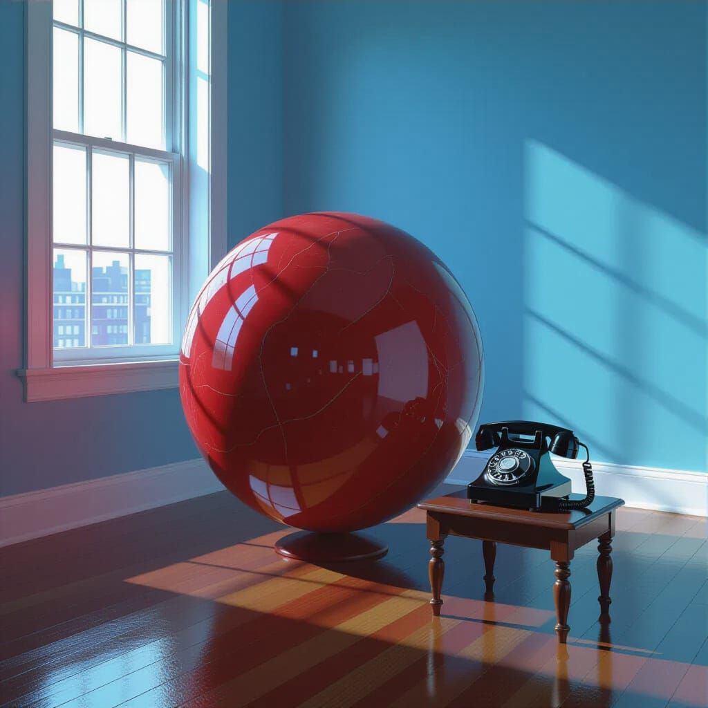 Giant Red Marble Orb in Moonlit Room with Vintage Phone
