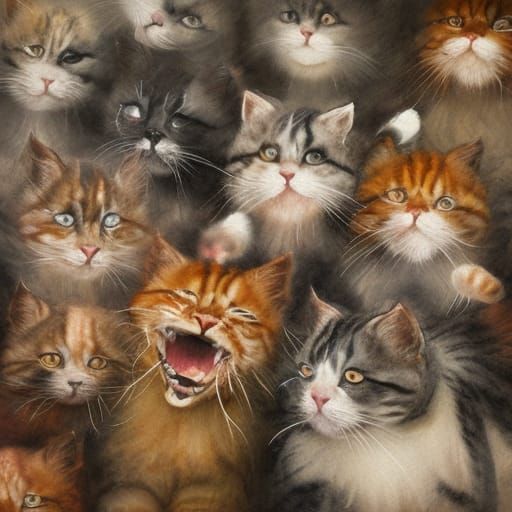 Watercolor Painting of Cats Running in Antique Style