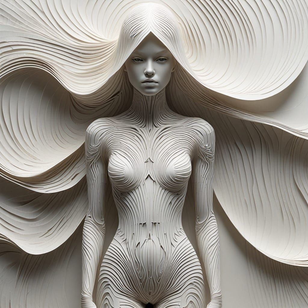 Optical Art Figure Blending into Script on Parchment