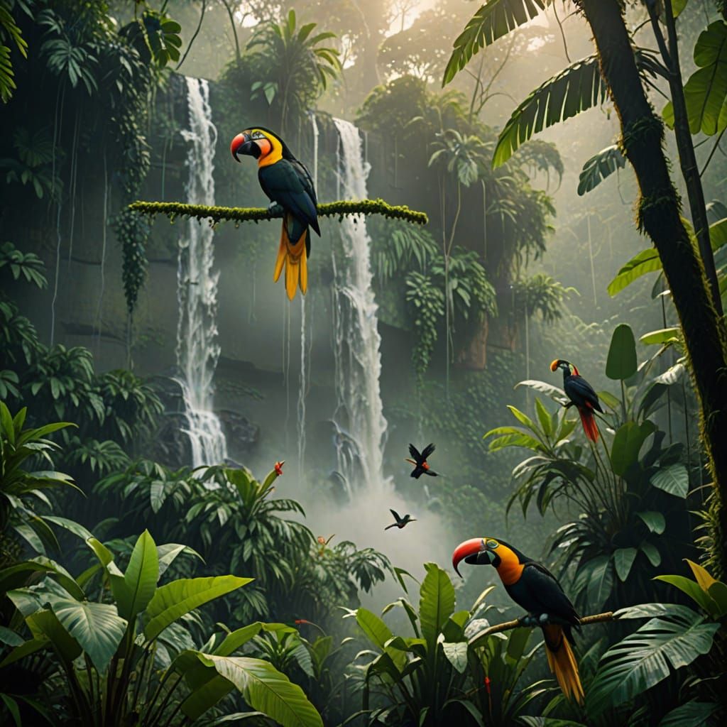 Tropical Birds in Misty Rainforest Waterfall Scene