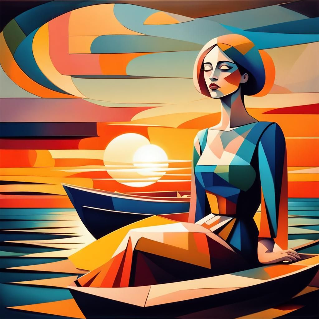 Surreal Cubist Dreamscape with Woman in Boat